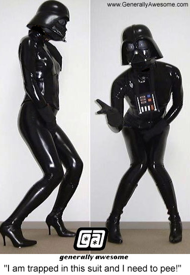 This lady puts on a Darth vader suit to show how awesome of a Star Wars fan that she is. The plan backfires when she needs to pee and can't seem to get the costume off in time