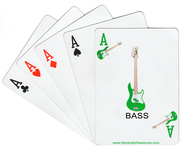 This is a mix of a refernce to music, cards, poker and a band called Ace of Base.  The pop band of the 1990's reaches into the world of cards, with a new suit called the 'bass' suit.
