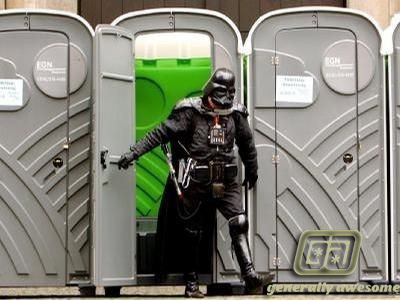 Darth Vader does not look so tough coming right out of the John.  Especially when that is a portable toilet.  Somehow that makes the photo even funnier and more hilarious!