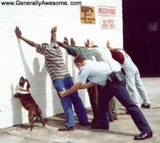 Funny Picture of a cop frisking a bunch of suspects.  Dog thinks he is suspect too!  Enjoy this funny photo