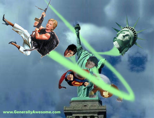 Hilary Clinton vs. Superman, Statue of Liberty and Shazam is a political statement questioning the types of moves that Hilary would make if elected president.  That's easy, just look at this funny photo!