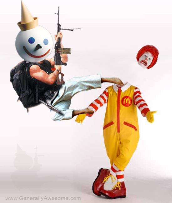 Jack from Jack in the box fast rood restaurant takes on Burger giant Ronald McDonald in a fastfood fight to the death.