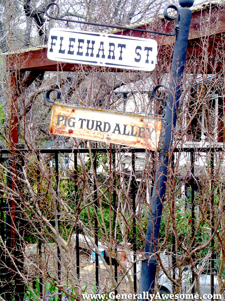 Look for Pig Turd Alley in Beautiful Amador City, CA in Amador County California, right in the heart of Gold Country.  Funny street sign.