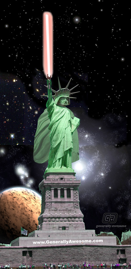 This funny picture was done using photoshop to combine Darth Vader's head with the body of the Statue of Liberty.